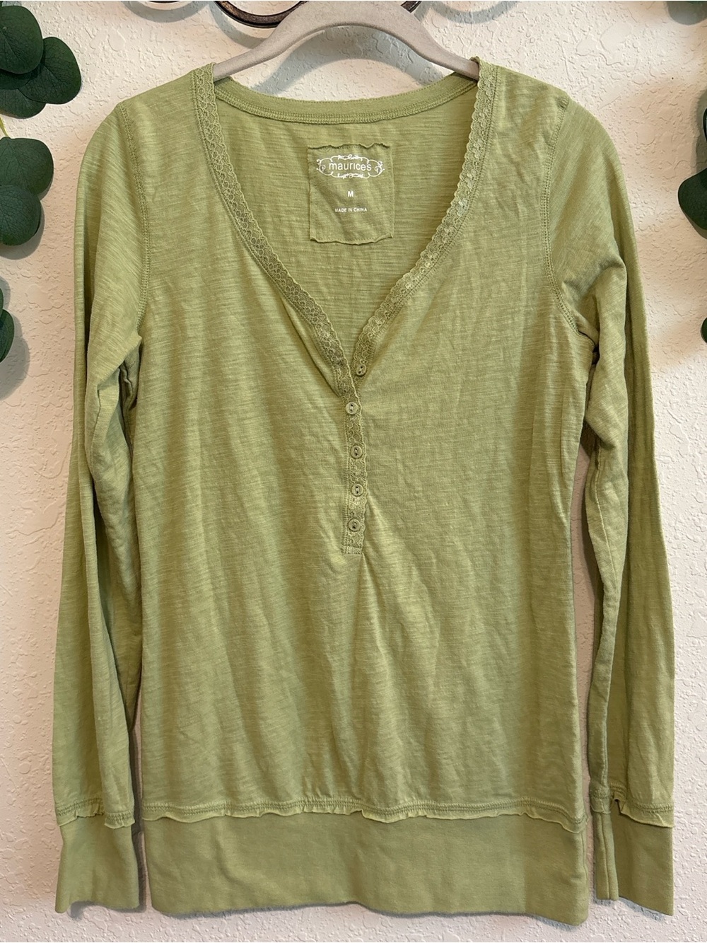 Y2K Green Lace-Trim Henley Top💕